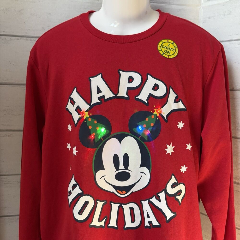Disney Mickey Mouse Men's Large Light Up Fleece Christmas Holiday Sweatshirt Red